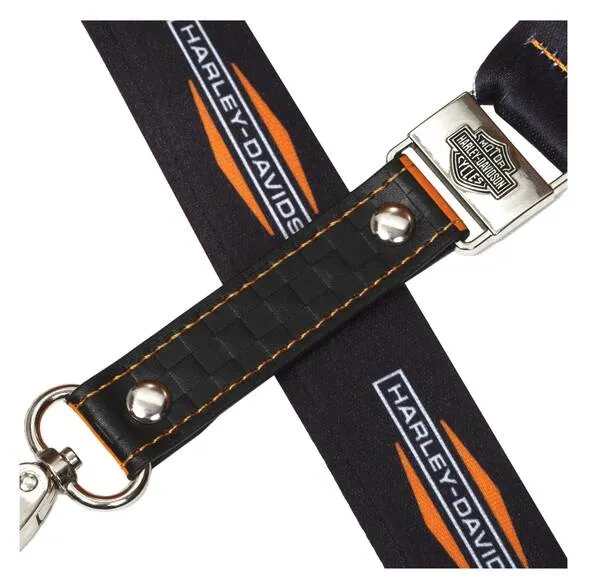 Harley-Davidson® Polyester Lanyard, Checkered Leather Strap 16.5 in - Black