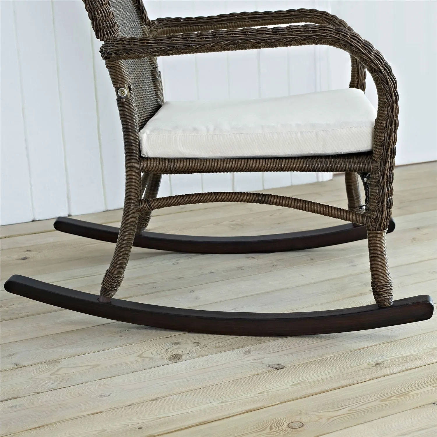 Indoor/Outdoor Patio Porch Mocha Wicker Rocking Chair with Beige Cushion