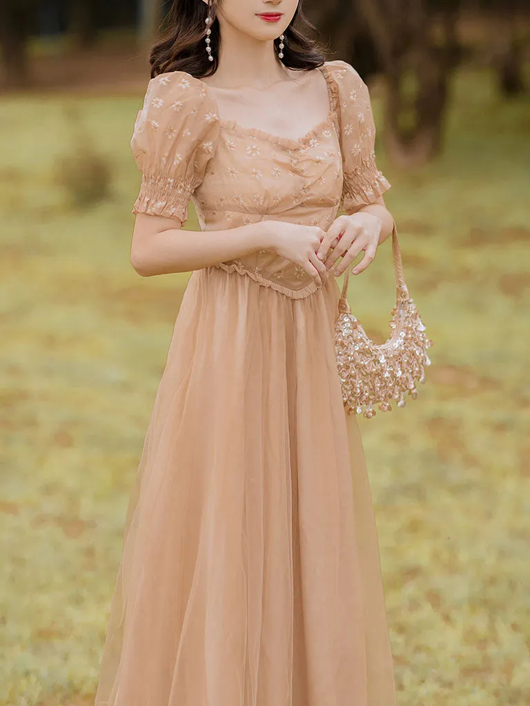 Khaki Daisy Print Sweet V Neck Fairy Vintage Dress