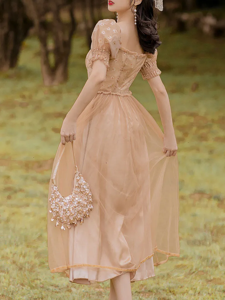 Khaki Daisy Print Sweet V Neck Fairy Vintage Dress