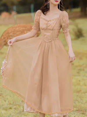 Khaki Daisy Print Sweet V Neck Fairy Vintage Dress