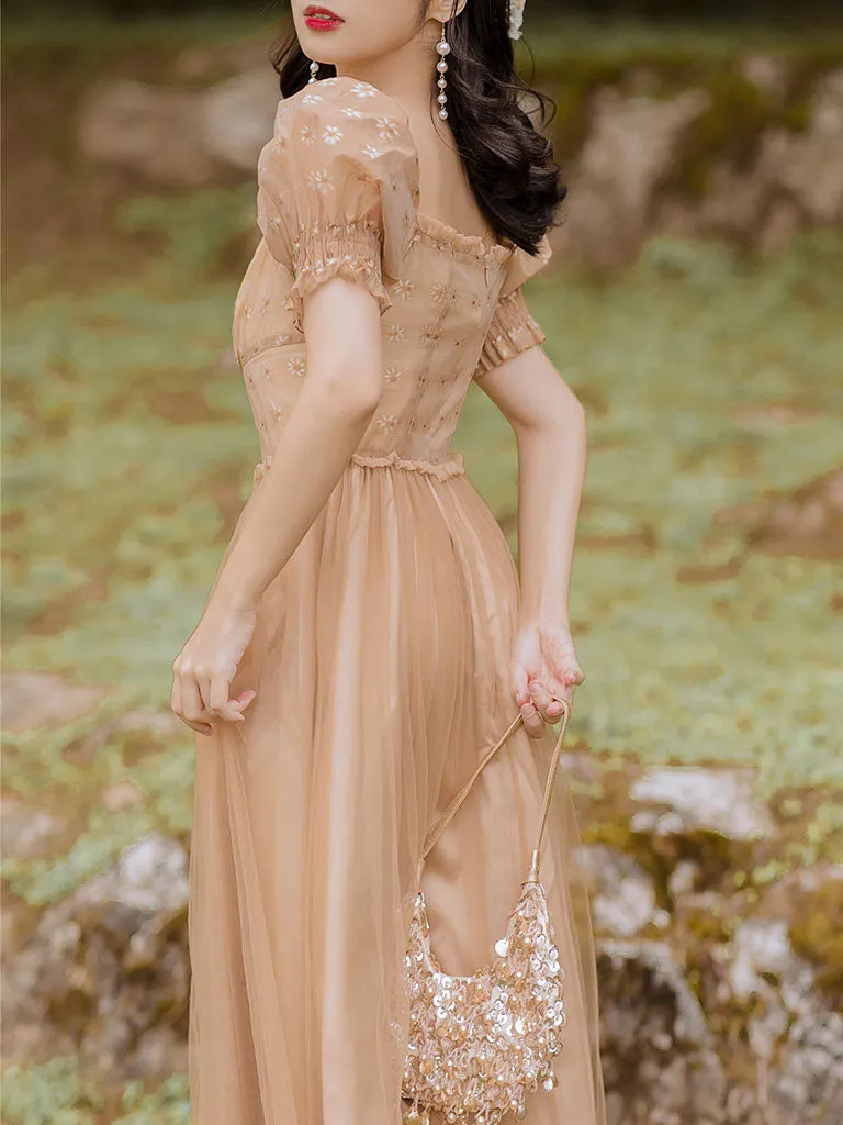 Khaki Daisy Print Sweet V Neck Fairy Vintage Dress