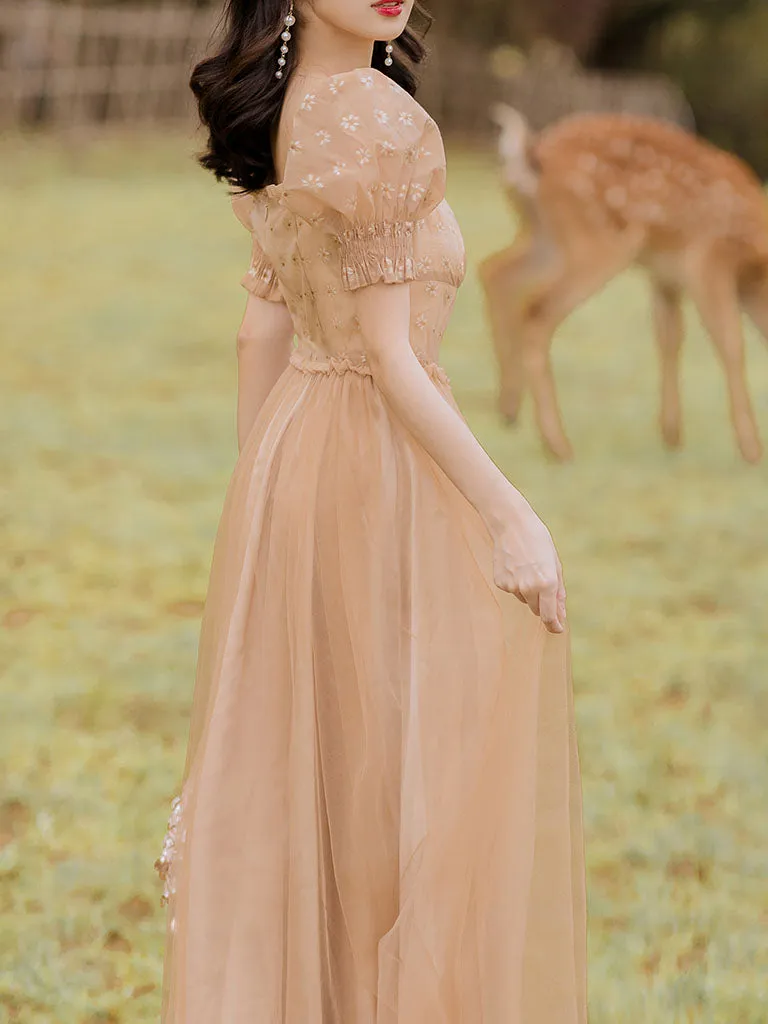 Khaki Daisy Print Sweet V Neck Fairy Vintage Dress