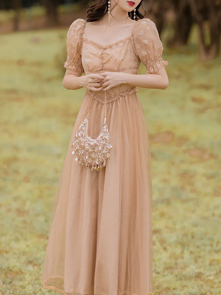 Khaki Daisy Print Sweet V Neck Fairy Vintage Dress