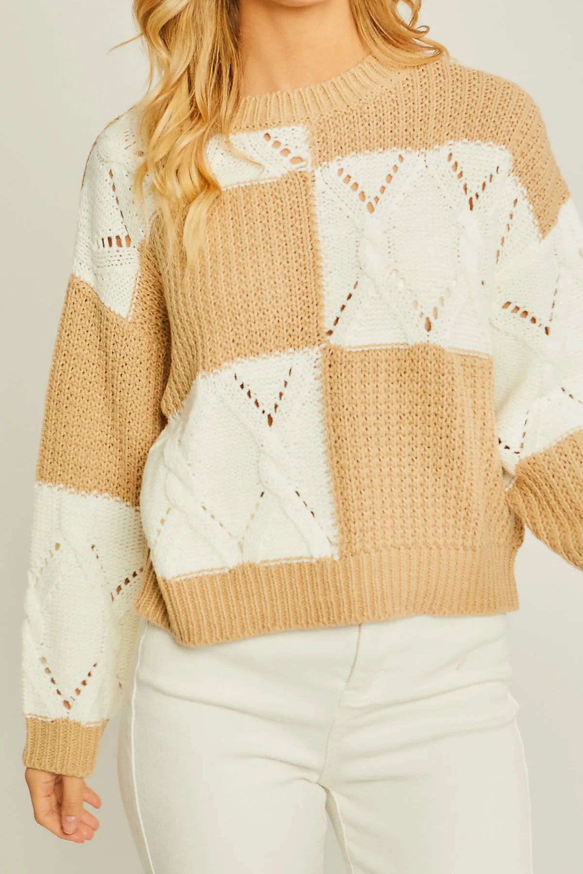 Khaki Diamond Cutout Checkered Sweater