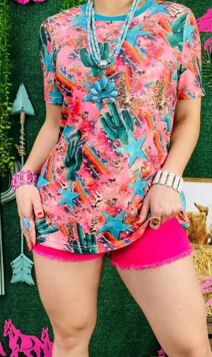 L, XL, 2X, 3X Pink, Cactus & Stars WESTERN Montage, short sleeve top
