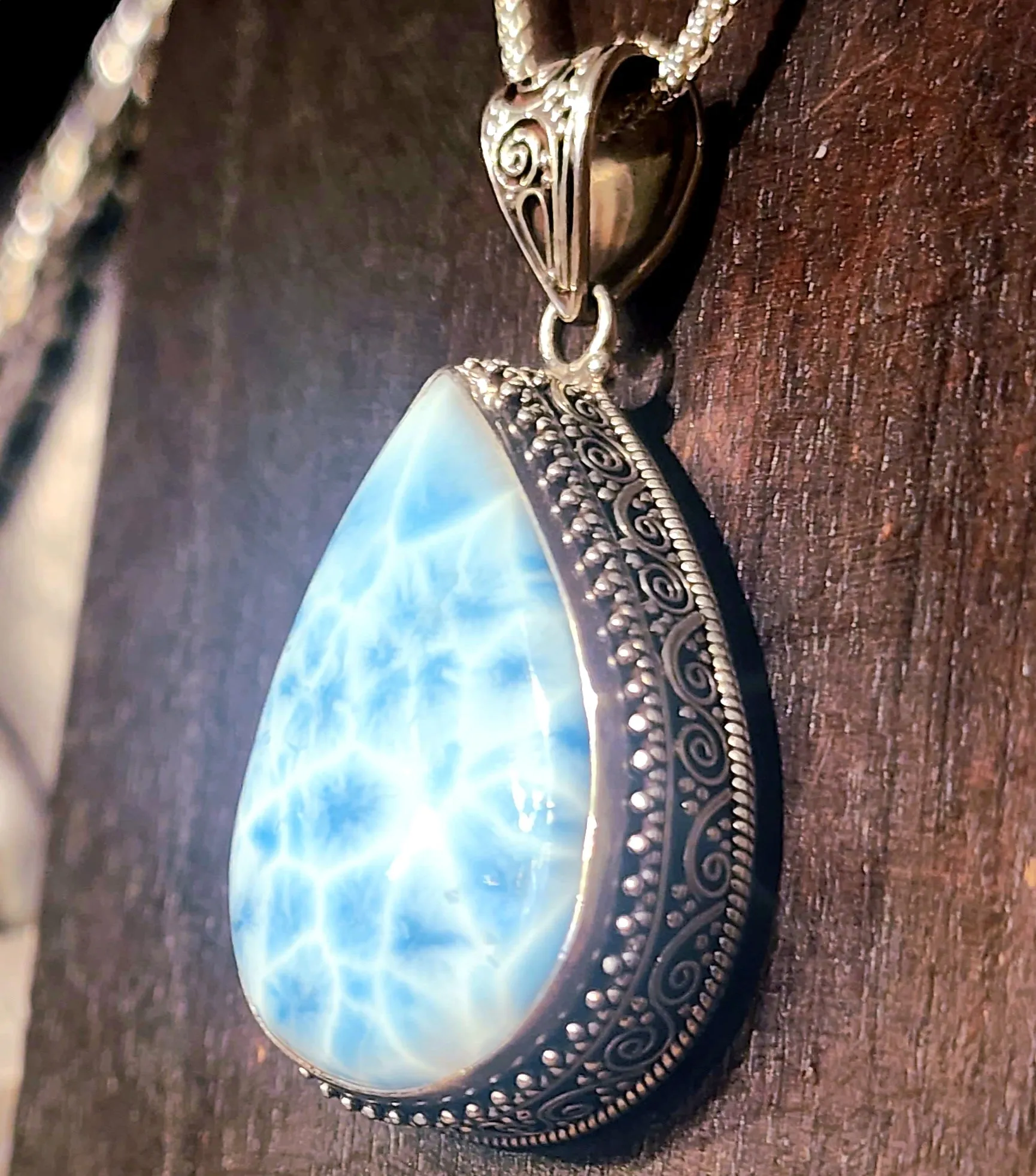 Larimar Silver Drop with Detailed Artwork