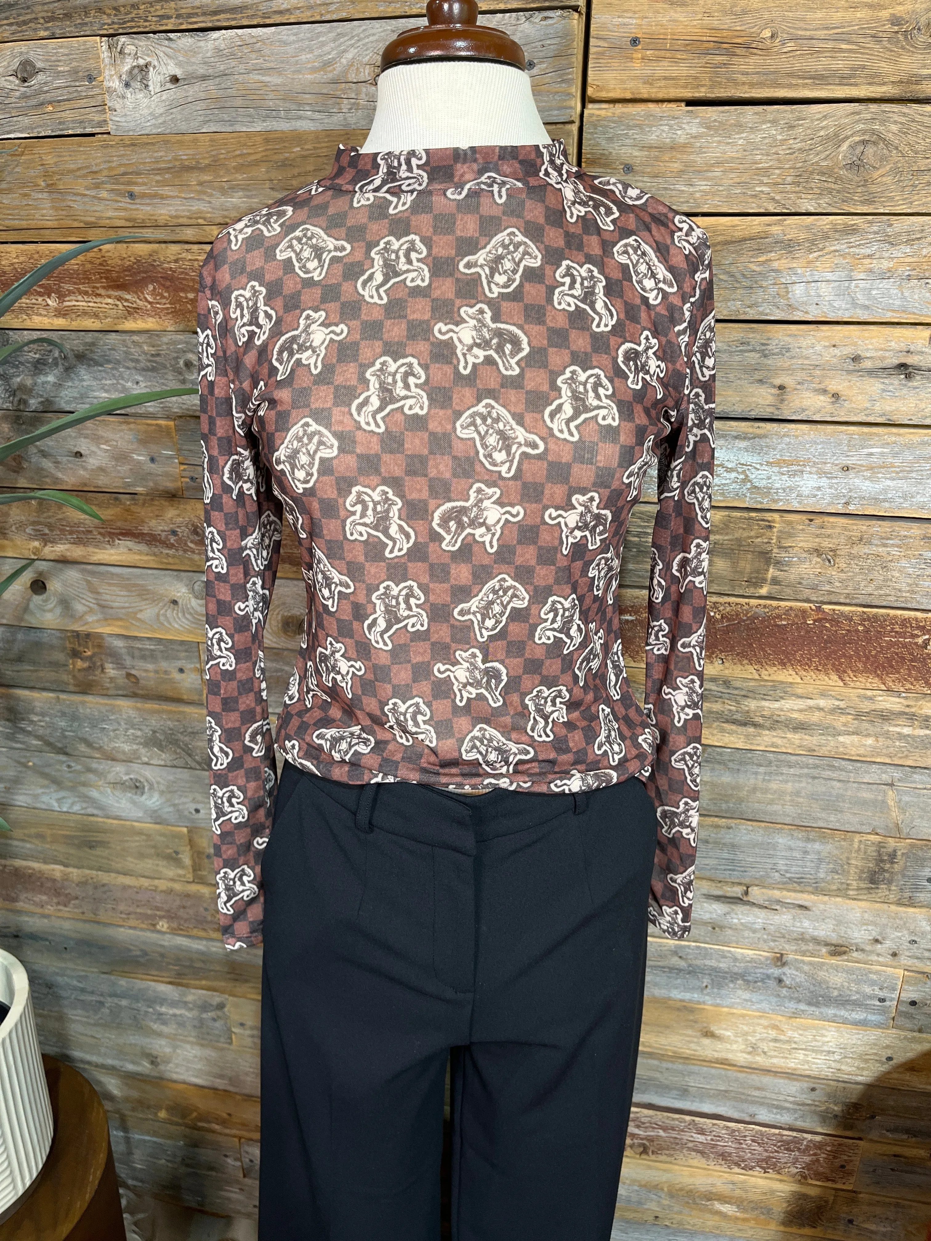 LB Cowboy Checked Print Mock Neck Mesh Top
