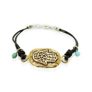 Leather Bracelet  925 Silver  Hebrew Script Mazal Tov Hamasa Hadar Designers (as