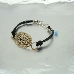 Leather Bracelet  925 Silver  Hebrew Script Mazal Tov Hamasa Hadar Designers (as