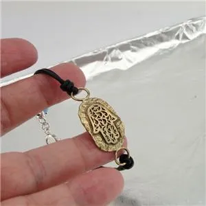 Leather Bracelet  925 Silver  Hebrew Script Mazal Tov Hamasa Hadar Designers (as