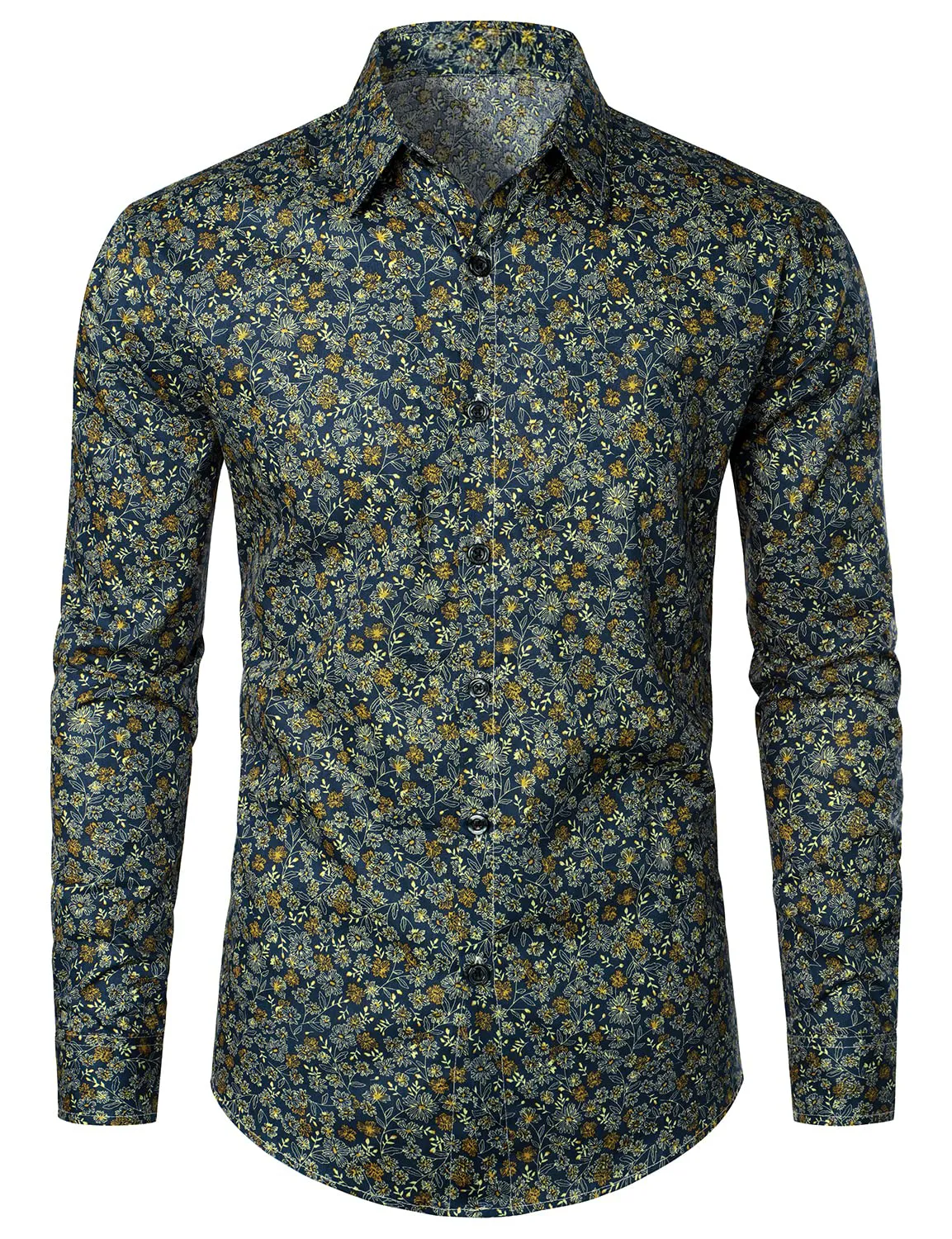 Men's Navy Blue Vintage Floral Print Cotton Breathable Flower Button Long Sleeve Dress Shirt