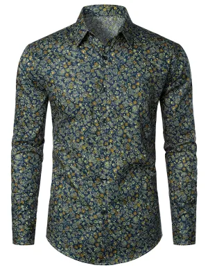 Men's Navy Blue Vintage Floral Print Cotton Breathable Flower Button Long Sleeve Dress Shirt