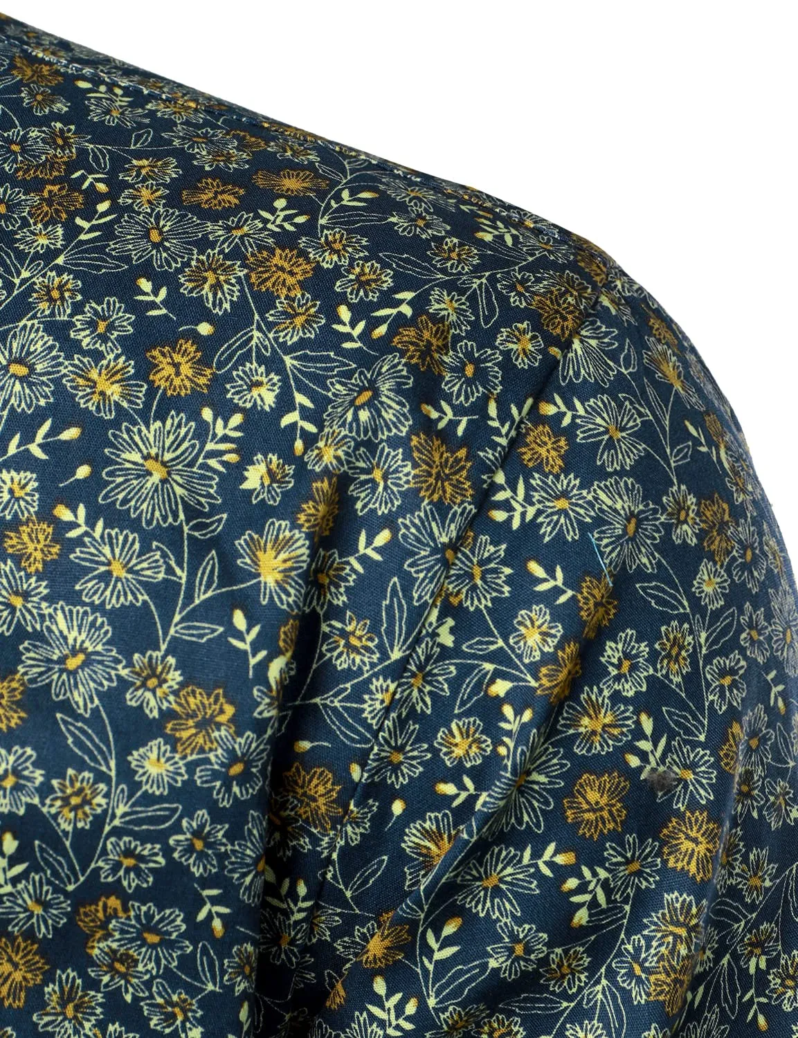 Men's Navy Blue Vintage Floral Print Cotton Breathable Flower Button Long Sleeve Dress Shirt