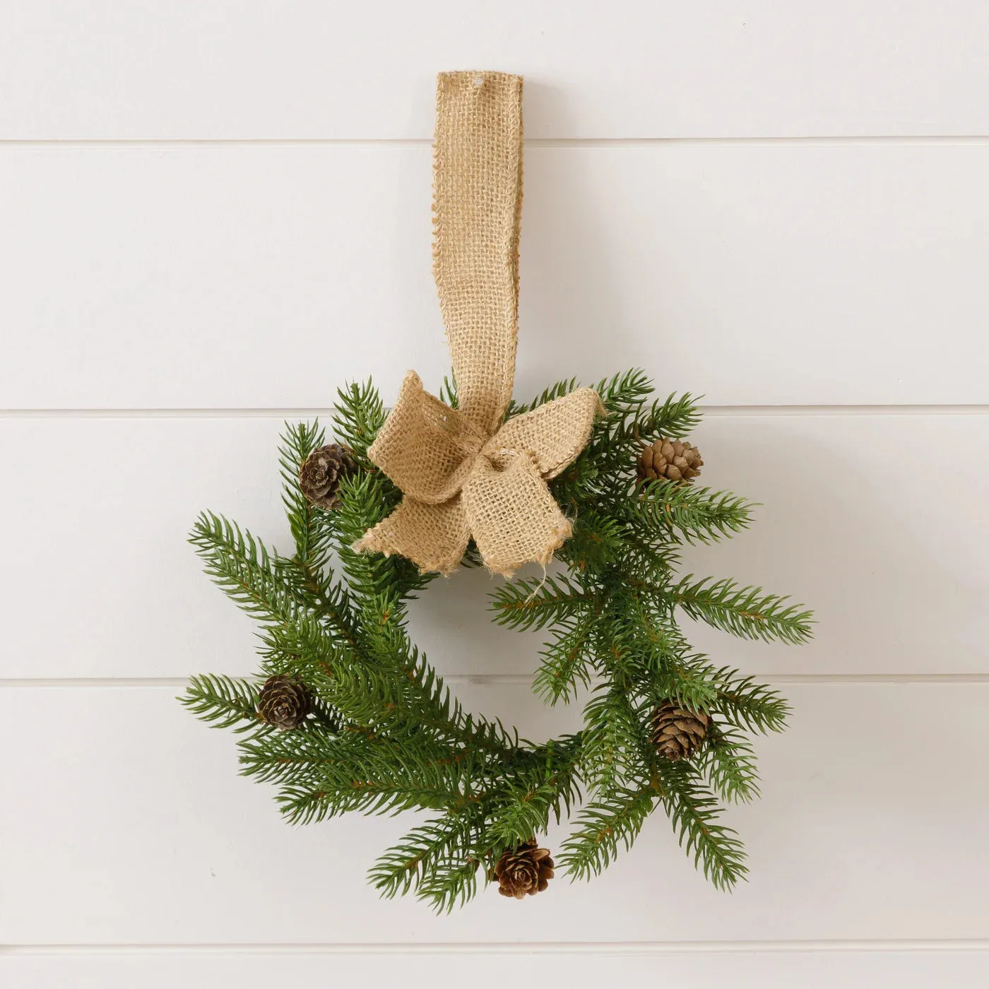Mini Pine and Cone Wreath With Burlap Bow
