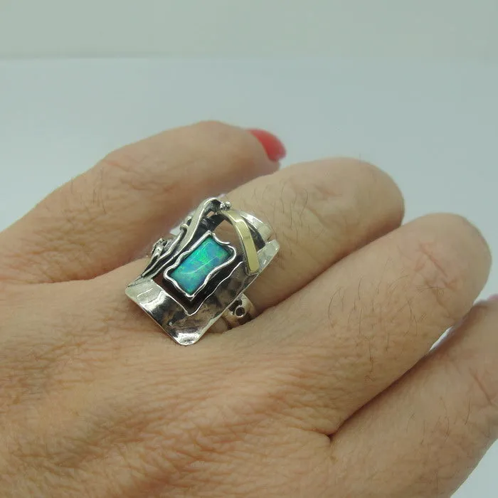 Mosaic Opal Sterling Silver and 9K Gold Artistic Ring