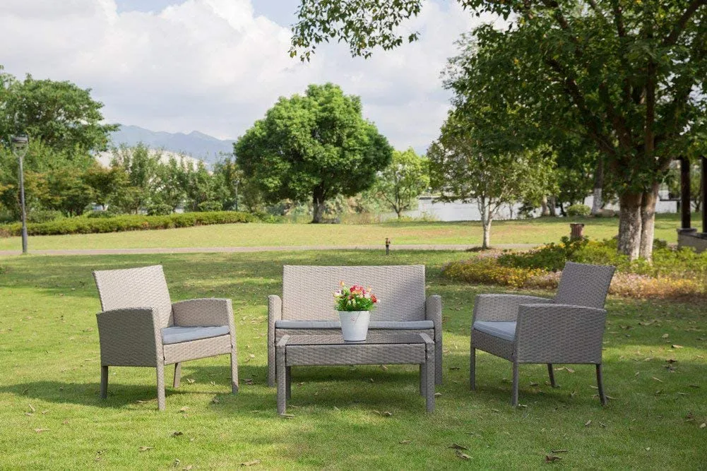 New fully assembled PatioPost Outdoor 4 Pcs Grey PE Wicker Rattan Modern Sofa Set with Cushions, Cushions are darker grey than shown! Retails $487 