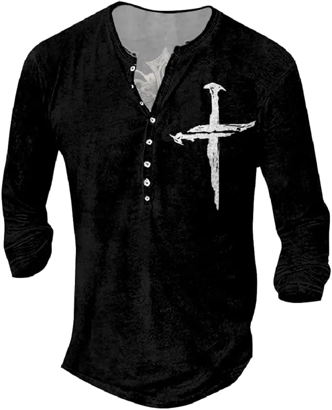 New Men's Double Nail Cross Print Henley, lightweight Sz M