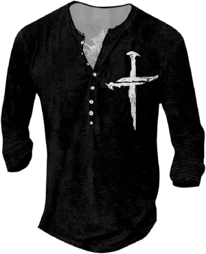 New Men's Double Nail Cross Print Henley, lightweight Sz M