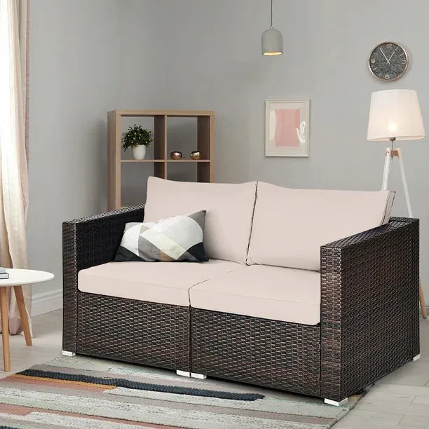 NEW Retails $550  Topbuy 2-Piece Patio Wicker Corner Sofa Set Rattan Loveseat with Removable Cushions Brown