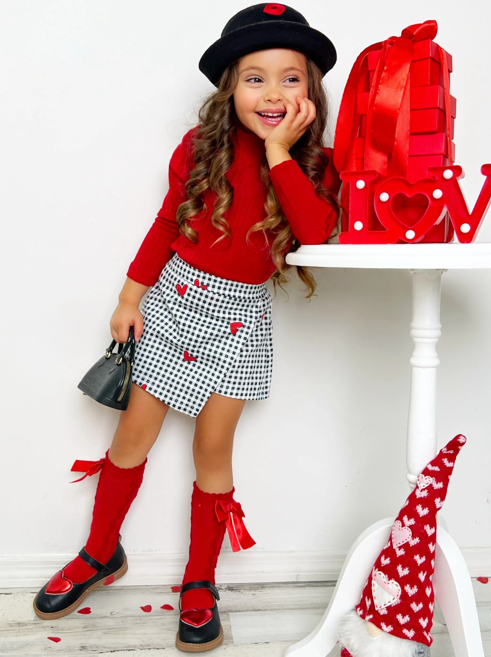 Only You Long Sleeve Top and Checkered Heart Skort Set