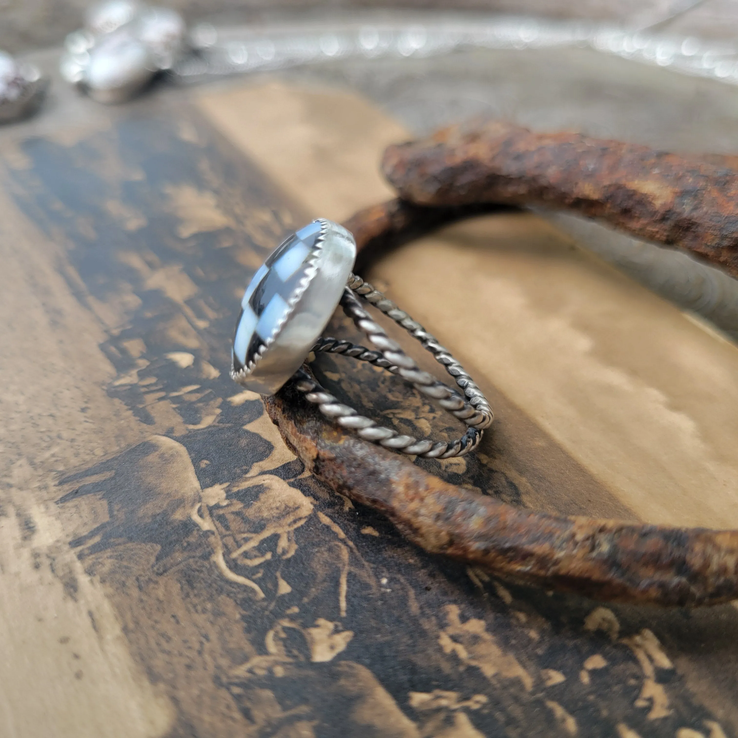 Opal x Onyx Checker Ring - Sz 7