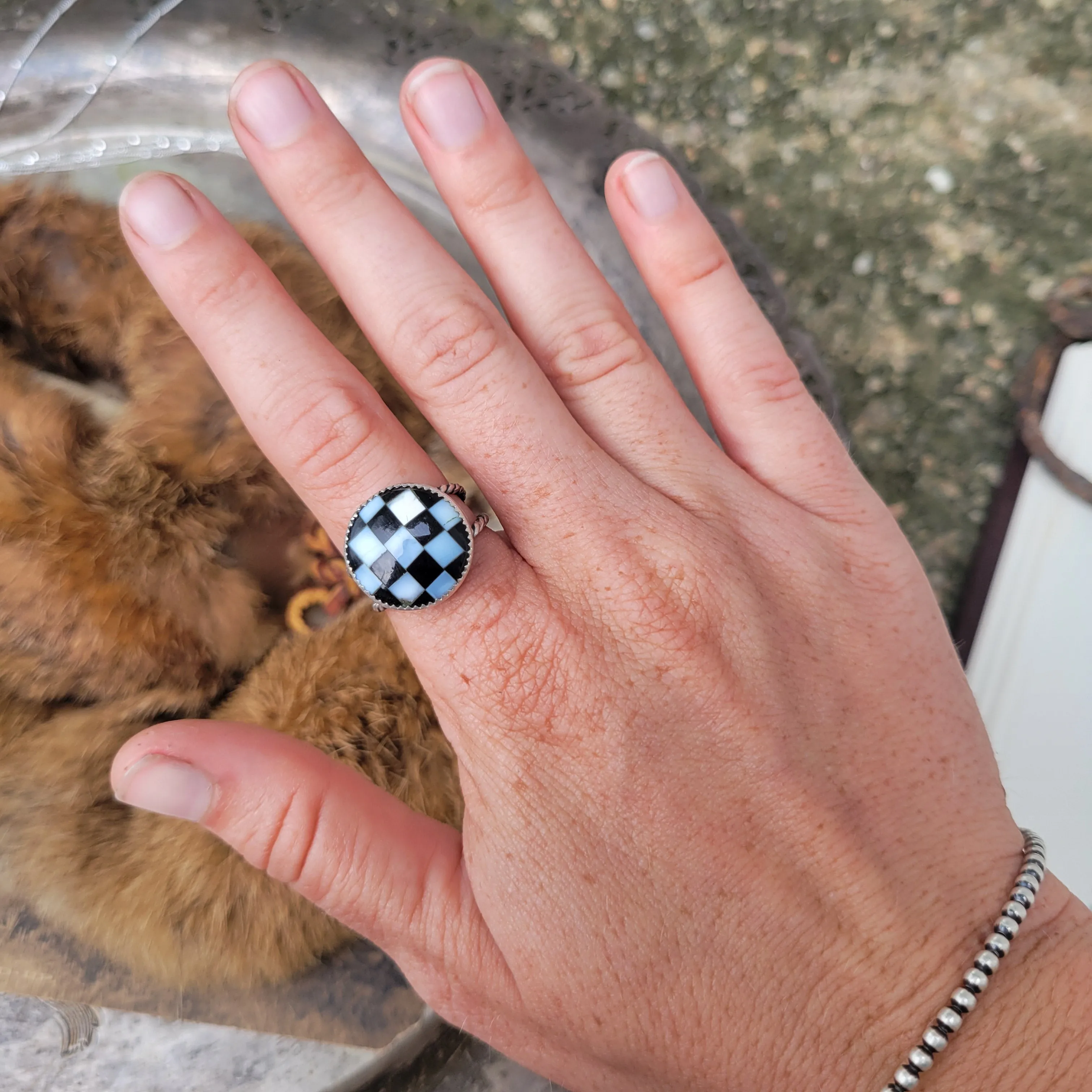 Opal x Onyx Checker Ring - Sz 7