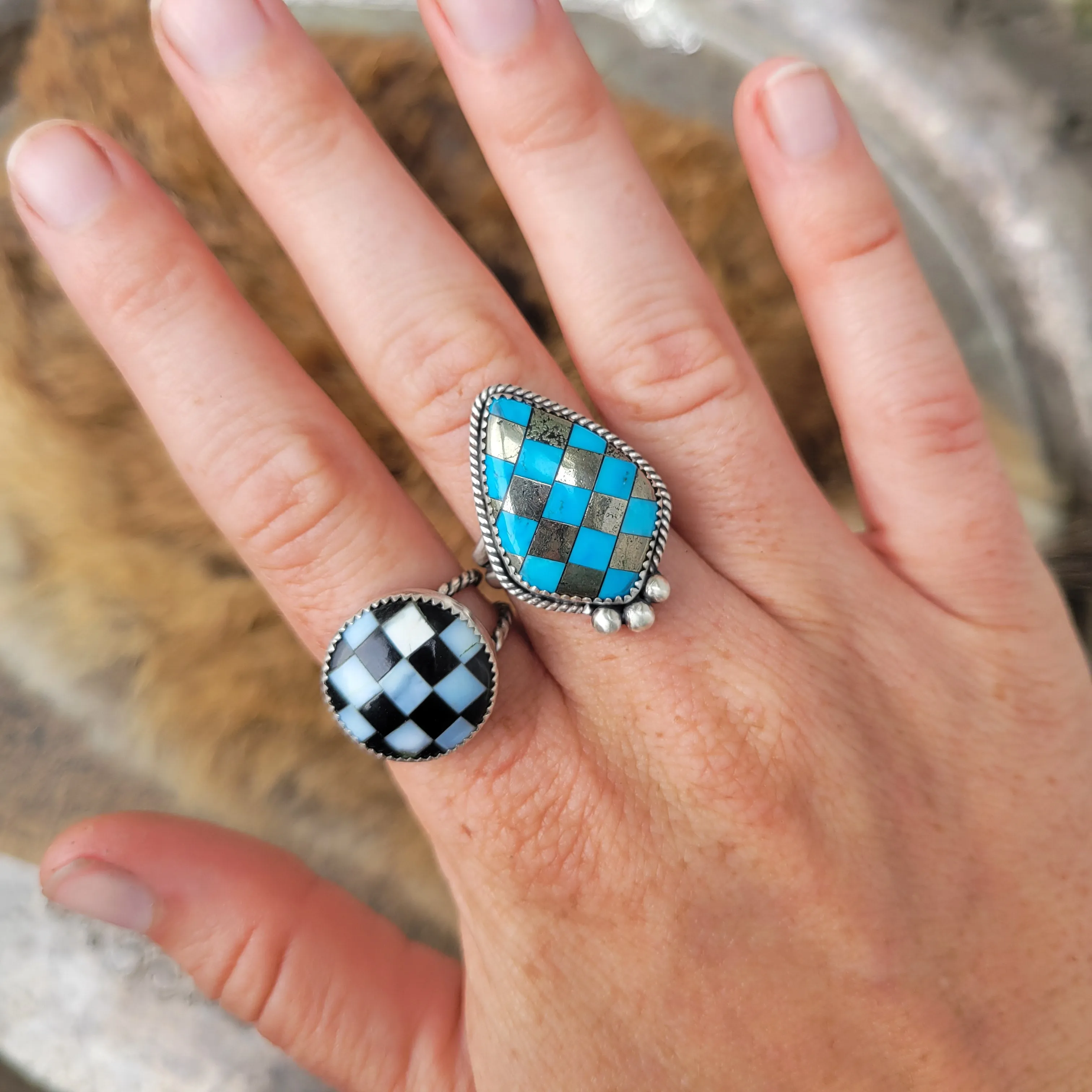 Opal x Onyx Checker Ring - Sz 7