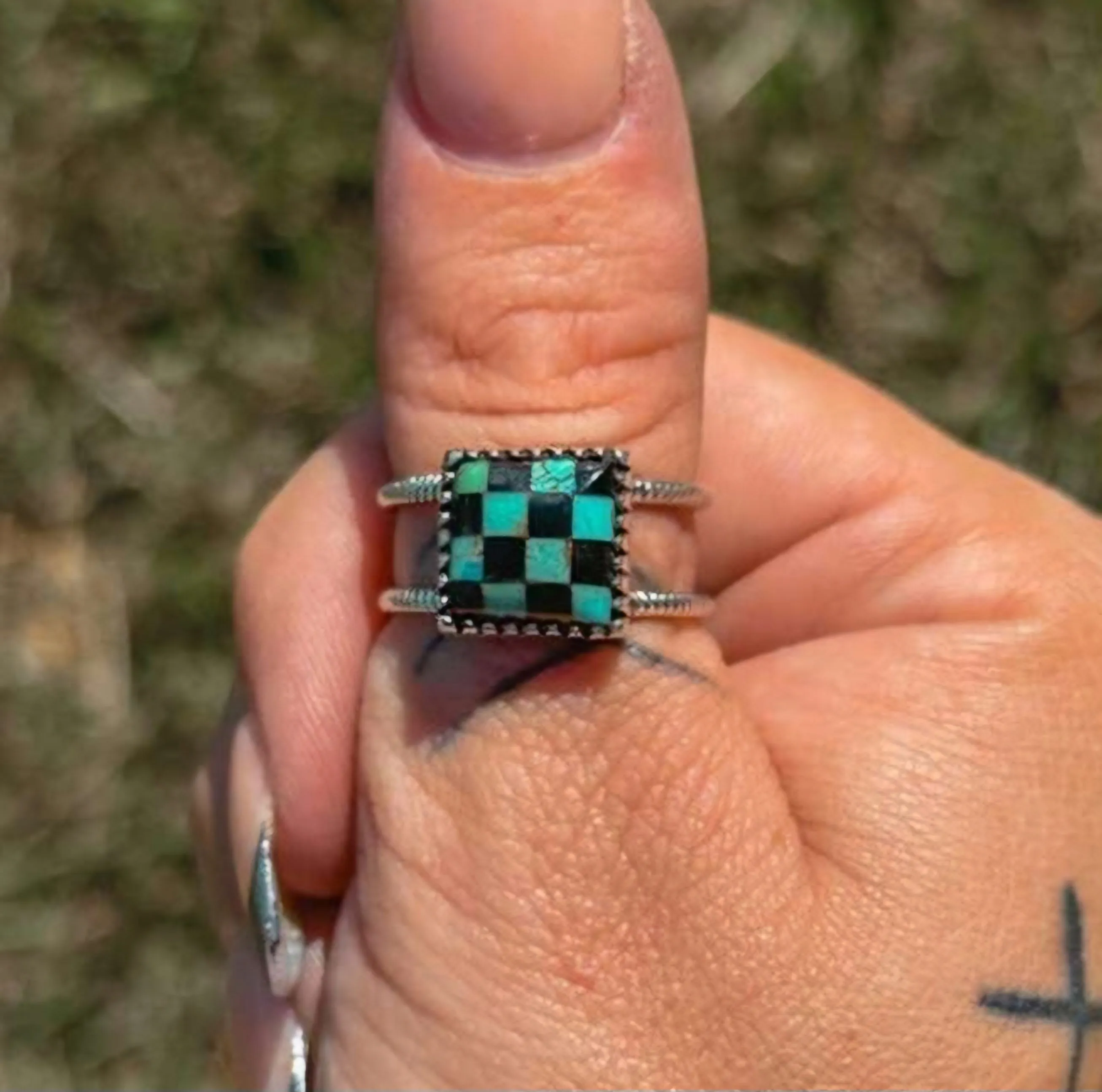 Opal x Onyx Checker Ring - Sz 7