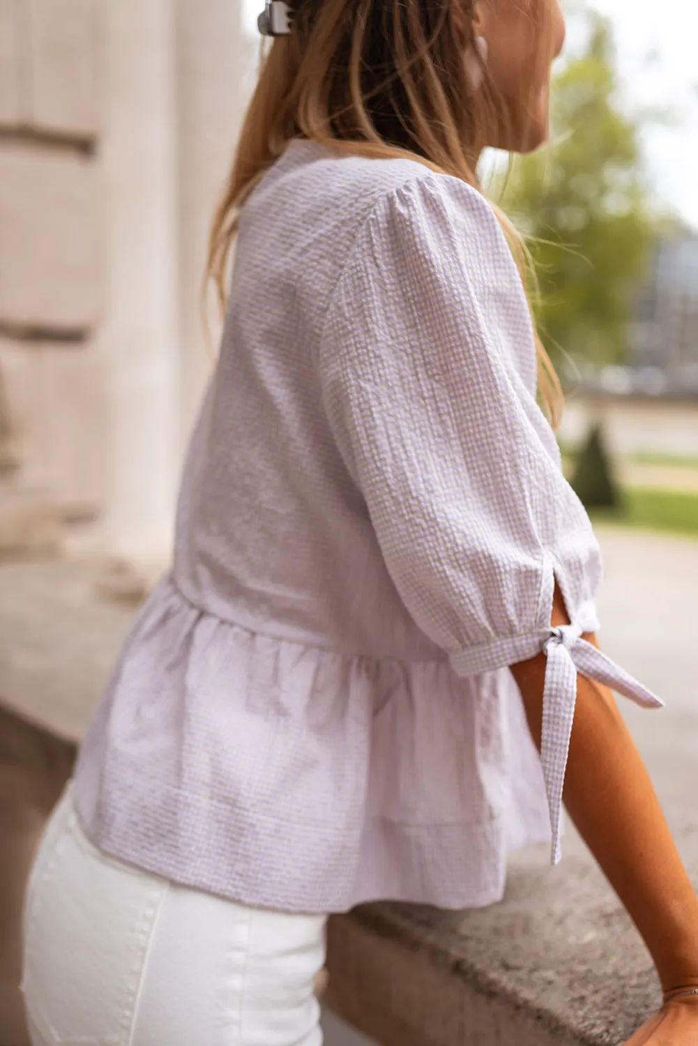 Orchid Petal Checkered Lace-Up Half Sleeve Peplum Blouse