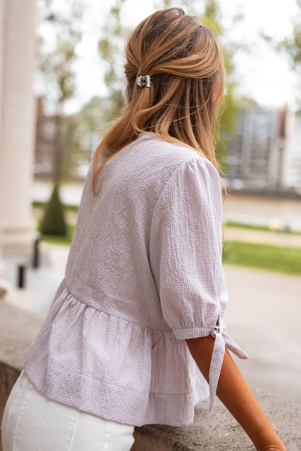 Orchid Petal Checkered Lace-Up Half Sleeve Peplum Blouse