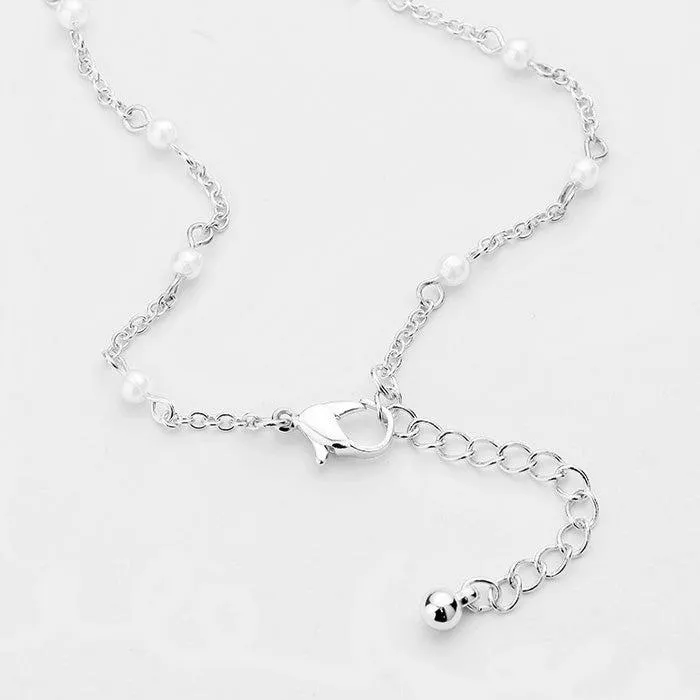 Pearl (Faux) Detailed Turtle Silver Charm Anklet