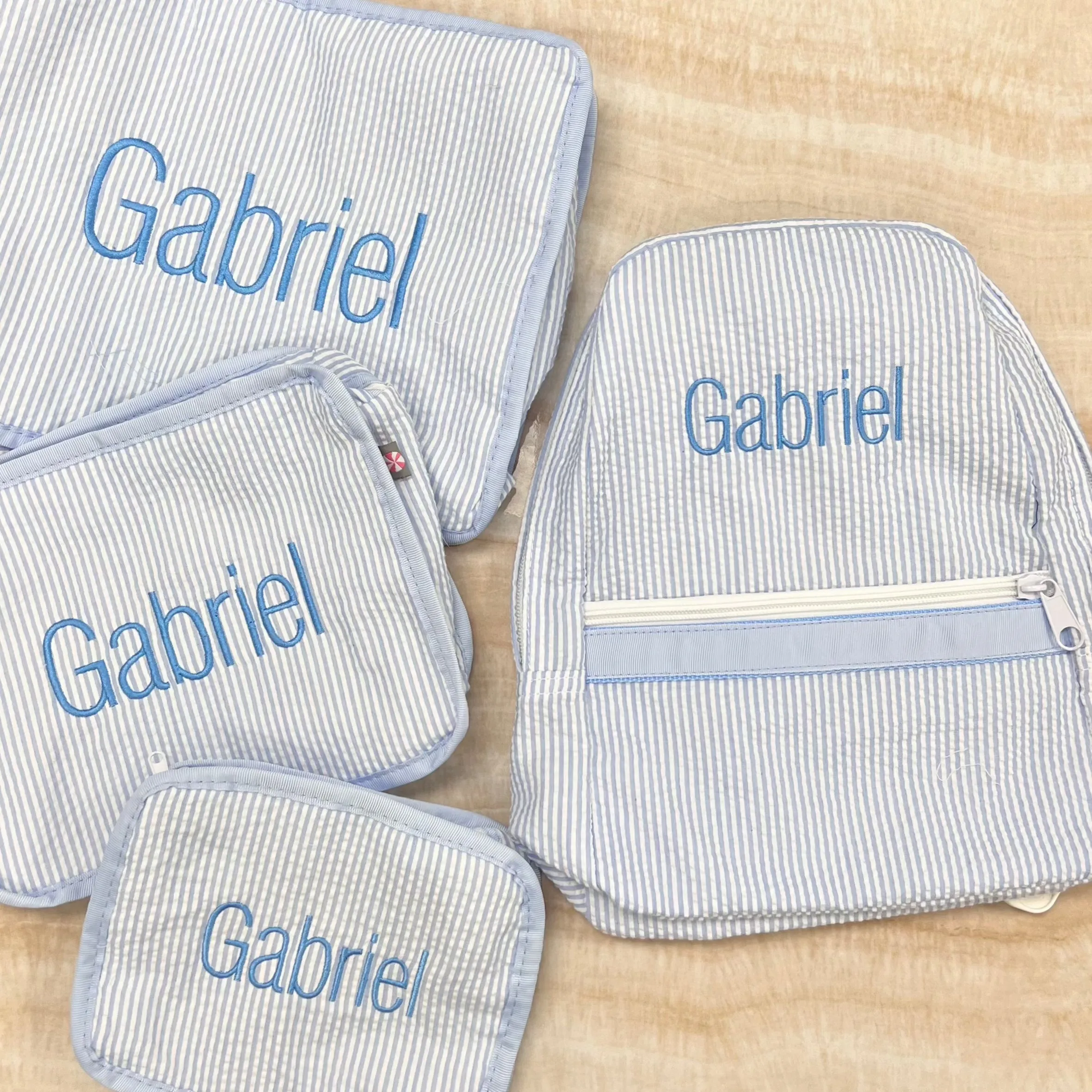 Personalized Seersucker Baby Blue Small Backpack