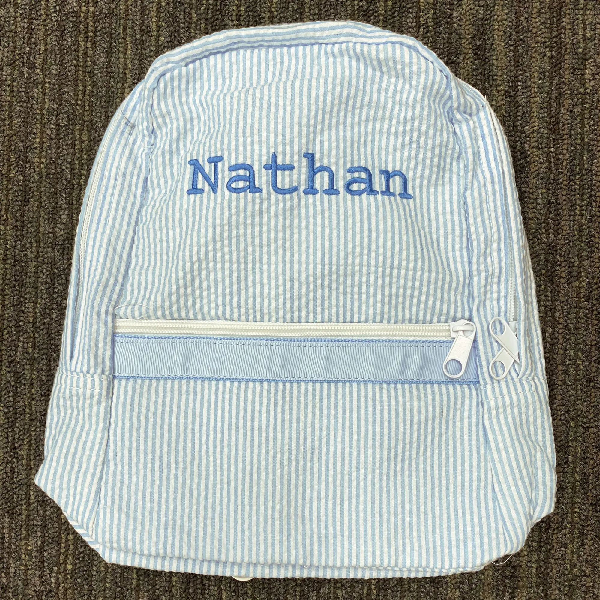Personalized Seersucker Baby Blue Small Backpack