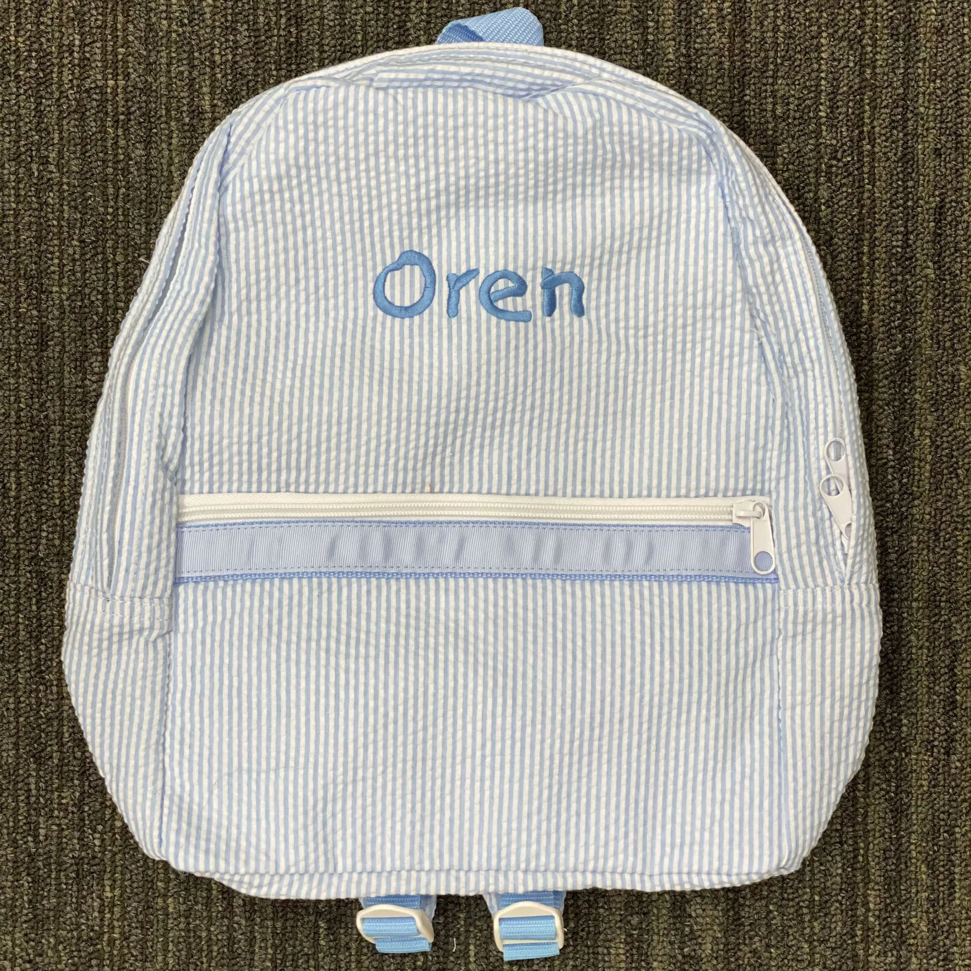Personalized Seersucker Baby Blue Small Backpack