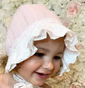 Pink and white lace detailed bonnet