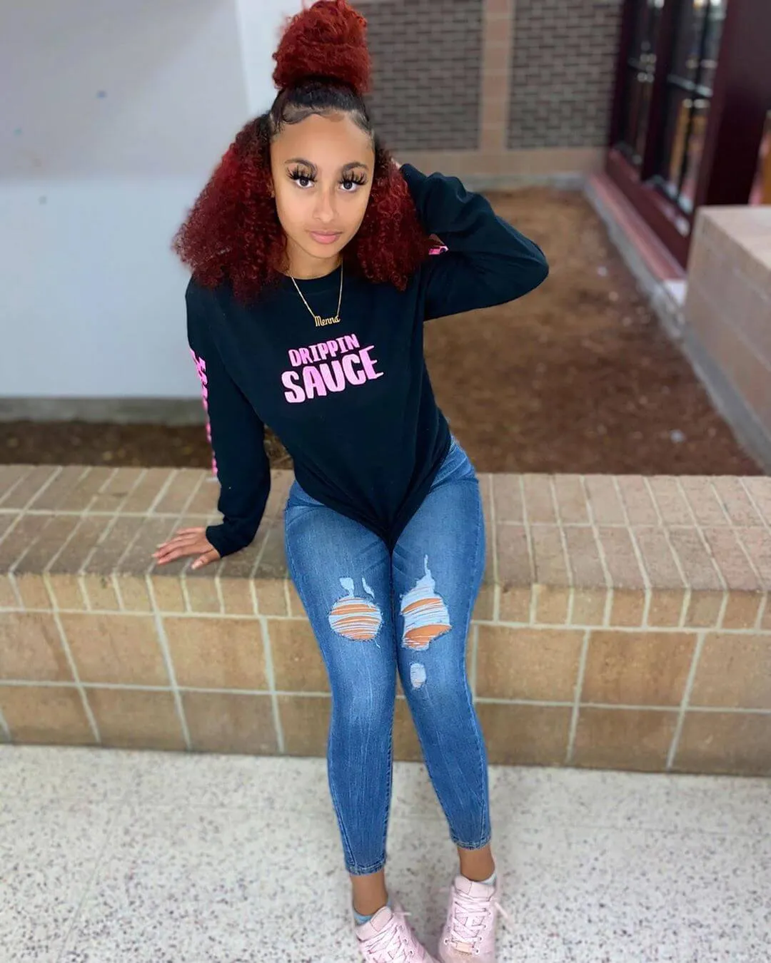 Pink Drippin Sauce | Black Long Sleeve Tee (Solid Sleeves)