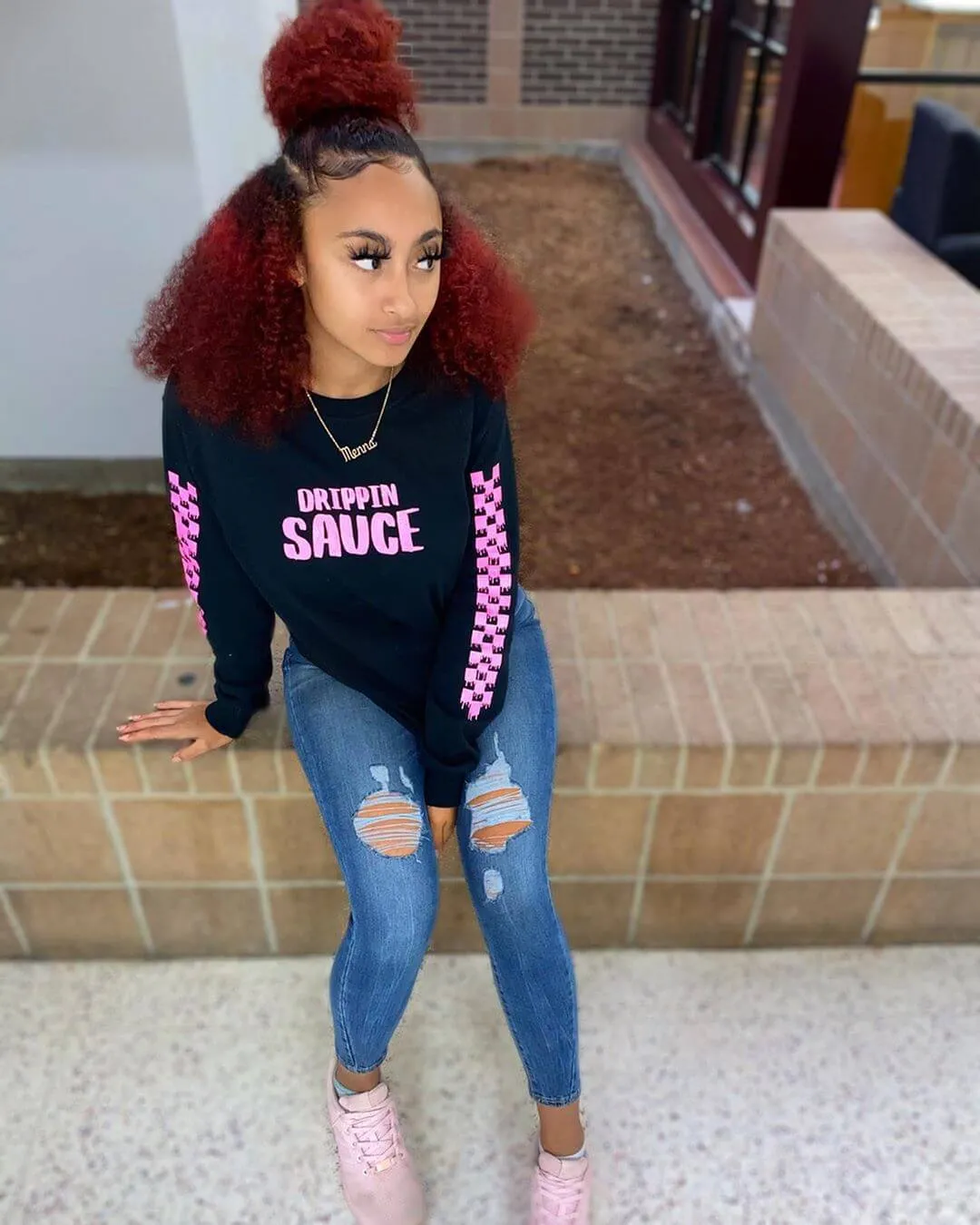 Pink Drippin Sauce | Black Long Sleeve Tee (Solid Sleeves)