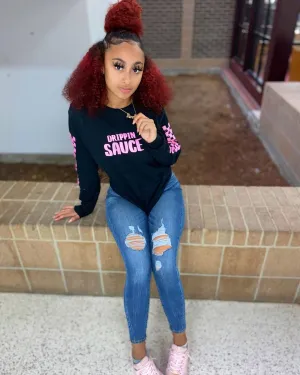 Pink Drippin Sauce | Black Long Sleeve Tee (Solid Sleeves)
