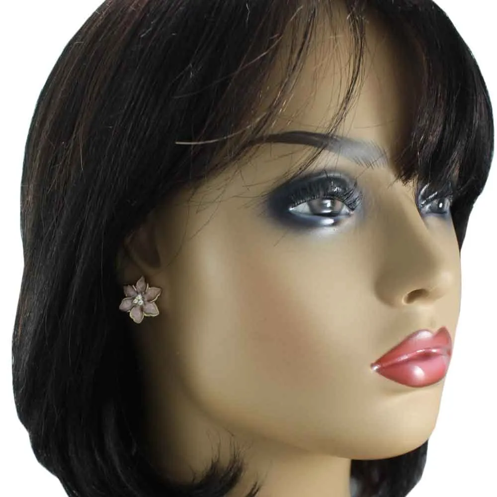 Pink Enamel with Crystals Flower Pierced Earring - REE909PK