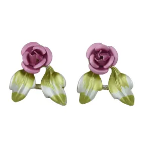 Pink Rose with Green Enamel Leaves Pierced Earring - PRL757EP