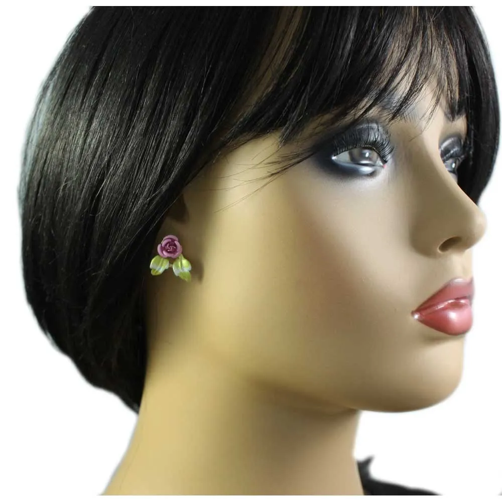 Pink Rose with Green Enamel Leaves Pierced Earring - PRL757EP