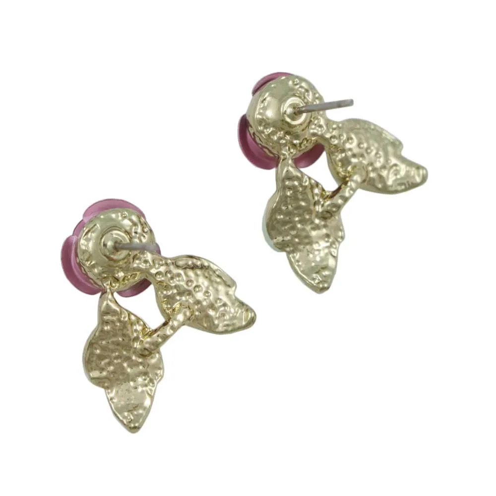 Pink Rose with Green Enamel Leaves Pierced Earring - PRL757EP