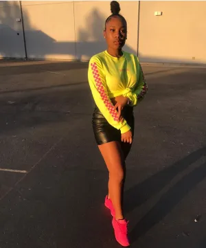 Pink SA | Neon Yellow Long Sleeve Tee (Solid Checkered Drippin Sleeve)