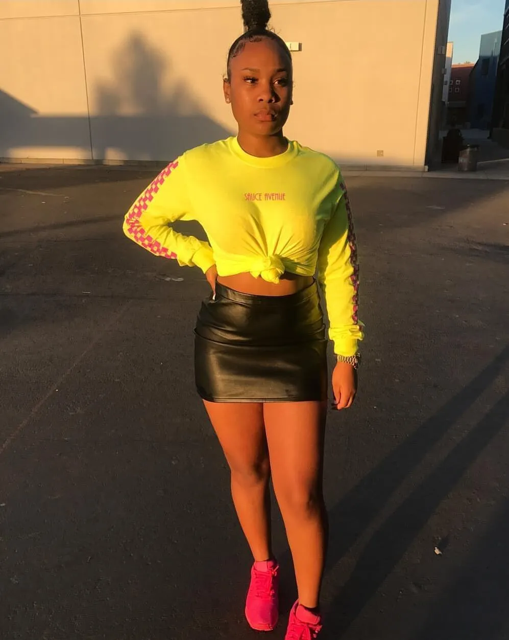 Pink SA | Neon Yellow Long Sleeve Tee (Solid Checkered Drippin Sleeve)