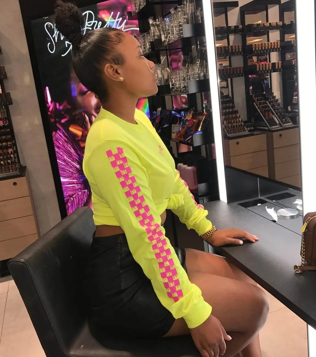 Pink SA | Neon Yellow Long Sleeve Tee (Solid Checkered Drippin Sleeve)