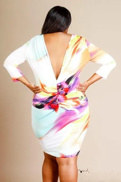 Plus Size Deep V Colorful Watercolor Interchange Dress