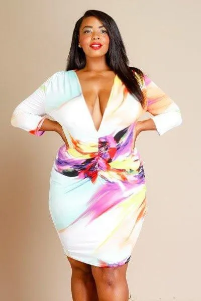 Plus Size Deep V Colorful Watercolor Interchange Dress
