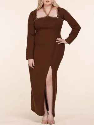 PLUS SIZE LONG SLEEVE CHAIN DETAILED MAXI DRESS