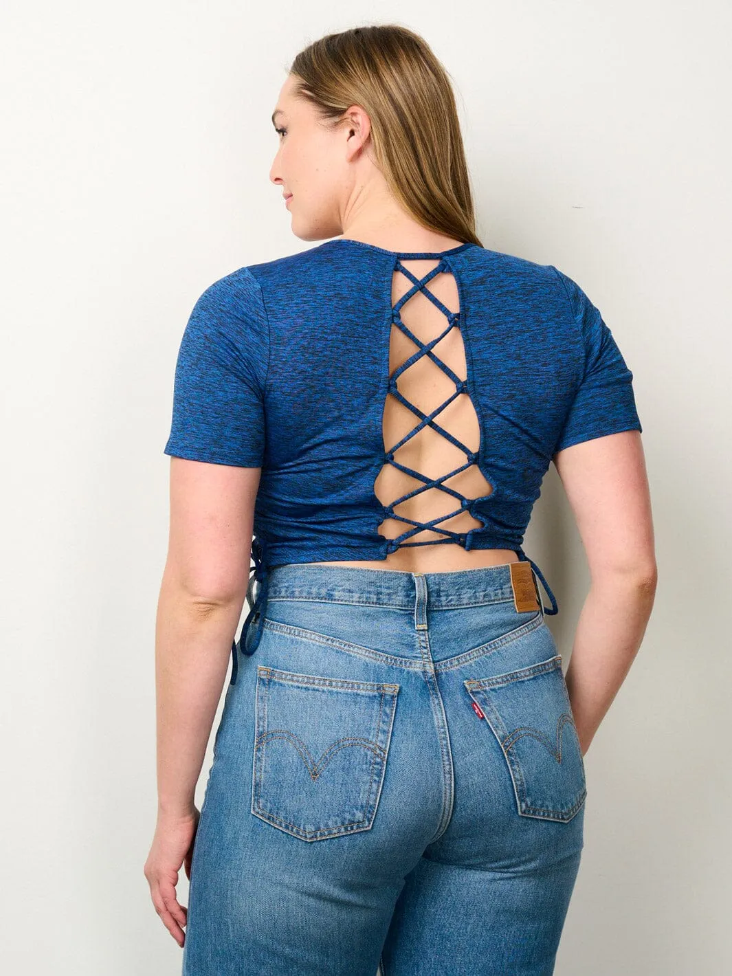 PLUS SIZE SHORT SLEEVE BACK LACE UP TOP